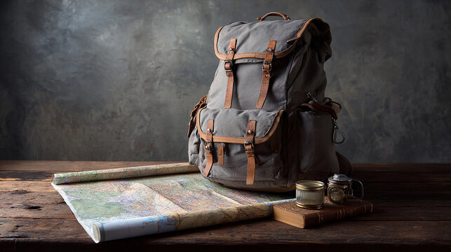 Travel gear with a map on a wooden table in a cozy setting - Powered by Adobe