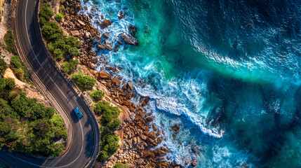 Scenic coastal drive along rocky shoreline with vibrant blue waves