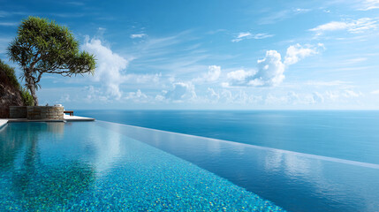 Fototapeta premium Stunning ocean view from infinity pool in sunny tropical paradise