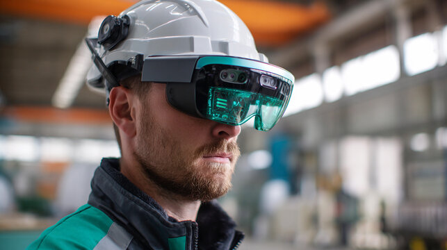 Worker using augmented reality headset in industrial setting