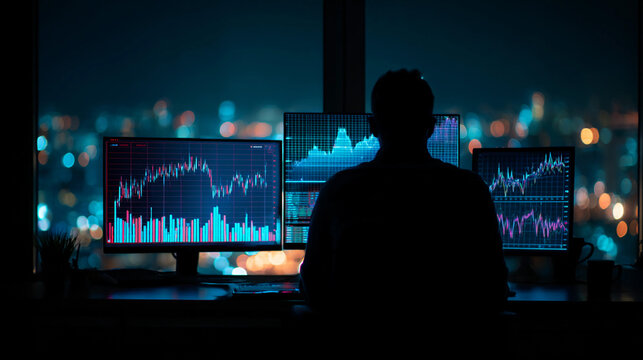 Person working late with multiple computer screens in a city office
