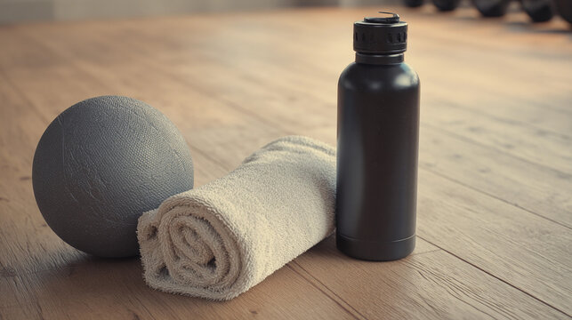 Fitness gear arranged neatly on wooden floor in gym space