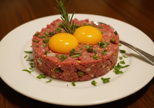 Delicious beef steak tartare with egg yolk and herbs on a white plate - Powered by Adobe