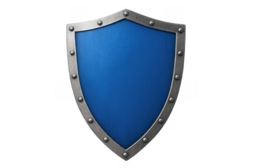 Blue medieval shield with metal border and rivets, symbolizing protection, security, and defense on transparent background