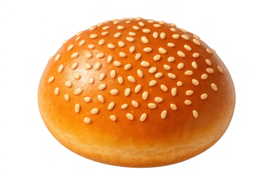 Top half of a golden roasted hamburger bun with sesame seeds, freshly baked for fast food sandwich concepts