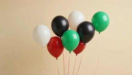 A cluster of glossy red, green, black, and white balloons floating against a soft beige background, creating a simple yet striking festive arrangement