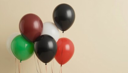 A cluster of glossy red, green, black, and white balloons floating against a soft beige background, creating a simple yet striking festive arrangement