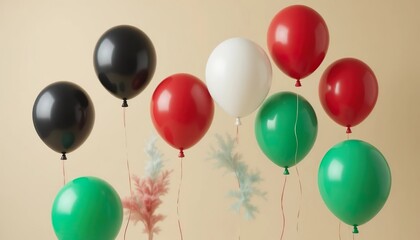 A cluster of glossy red, green, black, and white balloons floating against a soft beige background, creating a simple yet striking festive arrangement