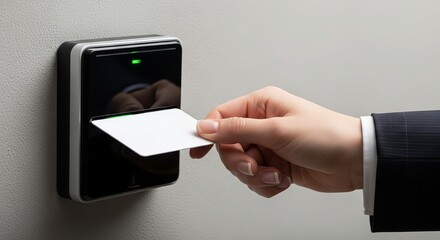 Person using access control card reader for building security