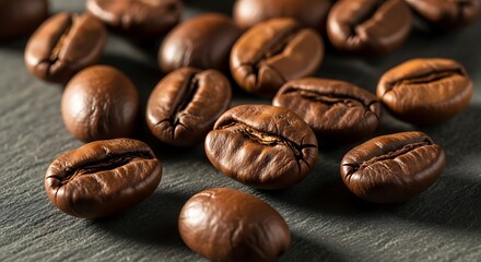 Naklejka premium Close-up of Fresh Roasted Coffee Beans on Dark Gray Textured Surface