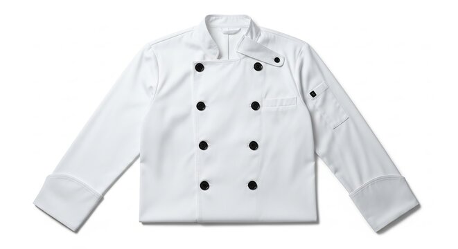 Professional white chef jacket with black buttons on a white background