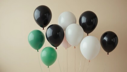 A cluster of glossy red, green, black, and white balloons floating against a soft beige background, creating a simple yet striking festive arrangement