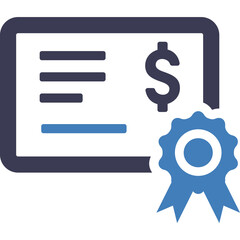 Blue and dark blue certificate icon with dollar sign and ribbon award on a transparent background representing financial achievement or recognition
