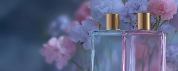 Aesthetic composition emphasizing floral fragrance, featuring delicate blossoms and luxury beauty products.