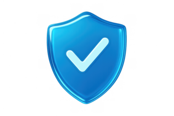 Blue glossy shield icon with check mark confirming protection, security, and data verification on transparent background