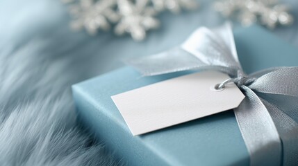 A stylishly wrapped present for a celebration, featuring a satin bow and a customizable label for personalized holiday or wedding messages.