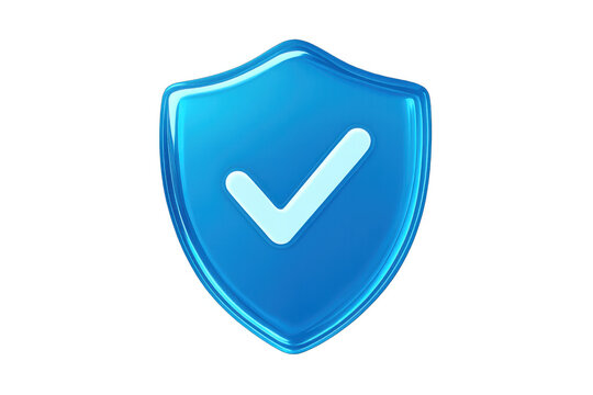 Blue glossy shield icon with check mark confirming protection, security, and data verification on transparent background