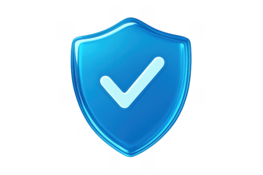 Blue glossy shield icon with check mark confirming protection, security, and data verification on transparent background