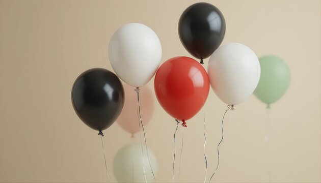 A cluster of glossy red, green, black, and white balloons floating against a soft beige background, creating a simple yet striking festive arrangement