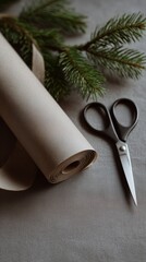Minimalist holiday crafting scene, emphasizing texture and the simple elegance of the materials for gift preparation.