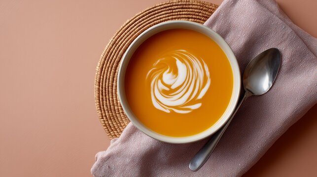 Rich, creamy soup with an elegant swirl of cream, evoking warmth and comfort.