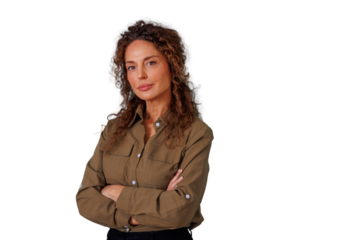 Confident mature businesswoman with curly hair arms crossed looking at camera, transparent background