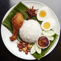 Fried chicken and vegetables on a rice plate for a delicious dinner meal