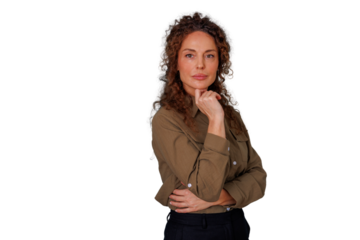 Mature businesswoman thinking, feeling smart, looking at camera with confidence on transparent background