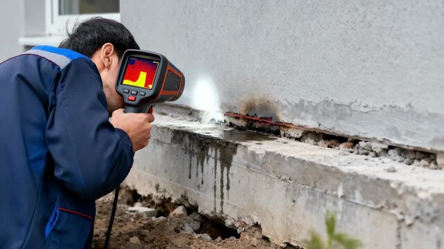 Medium shot of inspector pointing an infrared leak detector at a building foundation to reveal moisture loss and structural damage
