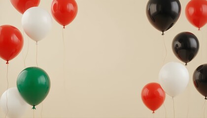 A cluster of glossy red, green, black, and white balloons floating against a soft beige background, creating a simple yet striking festive arrangement