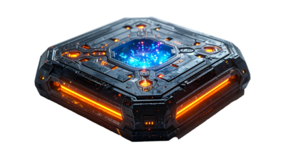 1Black futuristic device with a rugged industrial design. It has a square shape with sharp corners and intricate mechanical details. Bright orange light radiated from the sideste