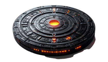 has a futuristic and industrial design, resembling a flying saucer or space base, with intricate mechanical details and orange LED lighting that glows from the center and sidese