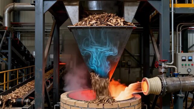 Medium shot of industrial gasification reactor showcasing biomass conversion into syngas with glowing thermal zones and visible gas flow patterns.