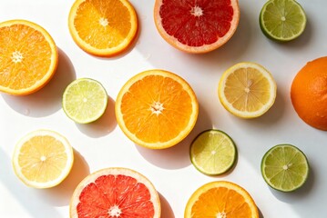 Fresh citrus fruits flat lay with oranges, lemons and limes on bright surface, ideal for healthy food, vitamin concept, summer visuals and vibrant food photography.