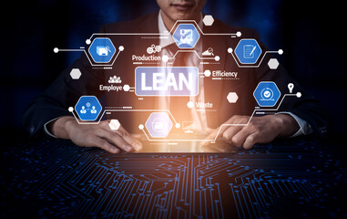 A business professional engaging with lean management concepts through digital visuals on a tablet, set in a high-tech environment, emphasizing efficiency and innovation. Tessel