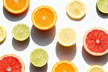 Fresh citrus fruits flat lay with oranges, lemons and limes on bright surface, ideal for healthy food, vitamin concept, summer visuals and vibrant food photography.