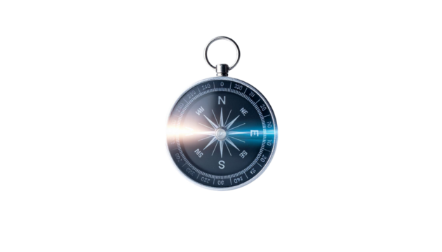 The subtle reflection of the compass is visible on the surface below. This compass symbolizes direction, guidance, and navigation..ds