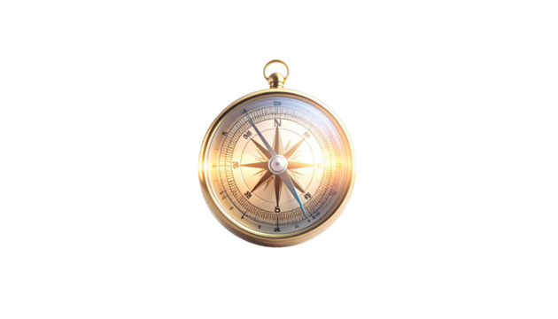 A brightly shining golden compass appears amidst a soft greyish white background, surrounded by a hazy ring of golden orange light, creating a mystical and focused atmosphercompass on white background