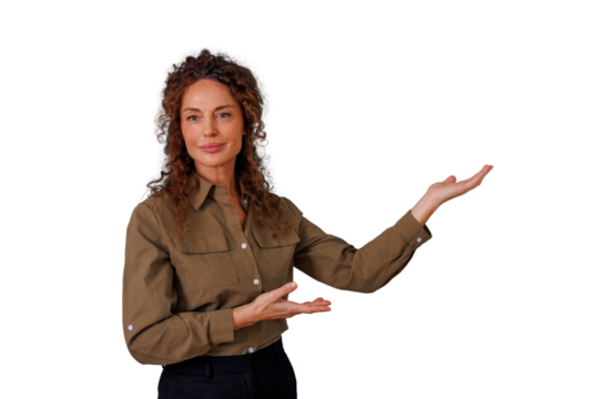 Confident mature woman presenting information and making a clear statement with open hands gesture on transparent background