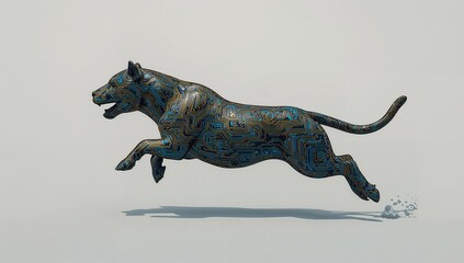 Fototapeta premium Cybernetic Panther Leaping: Dynamic 3D Render of a Wild Cat Composed of Intricate Circuit Board Patterns Representing Digital Agility and Speed.