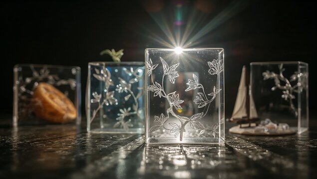 Artistic composition of four clear glass blocks encapsulating natural elements and miniature scenes, illuminated by a dramatic lens flare against a dark, reflective surface.