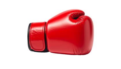 shiny red boxing gloves displayed prominently on a clean white background. The synthetic leather surface, stitching details and padding shape look sharp thanks to the studio lighting, mee