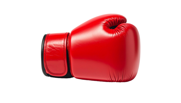 shiny red boxing gloves displayed prominently on a clean white background. The synthetic leather surface, stitching details and padding shape look sharp thanks to the studio lighting, mee