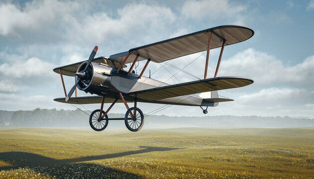 Vintage Biplane Flying Over a Field of Flowers.
