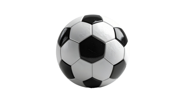 Classic soccer ball with black-and-white pattern shown in close-up over a clean gray-white background. Surface details, material shine and studio lighting provide a pro looke