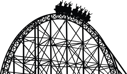 Black silhouette vector illustration of people riding a rollercoaster with hands up, enjoying a thrill ride at amusement park.