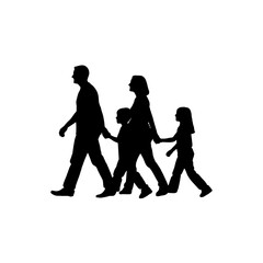 A silhouette of a family of four walking together holding hands against a white background in profile view