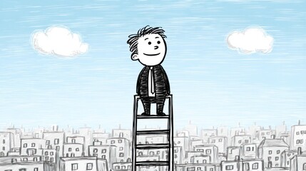 Cartoon man standing on a ladder overlooking a city under a cloudy sky