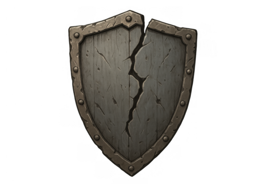 Broken wooden fantasy shield with metal rim, cracked medieval defense weapon, damaged war pictogram