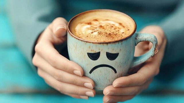 A person holds a cup of coffee with a sad face drawn on it, perfect for representing emotional struggles or a gloomy day